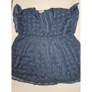 Entro Blue Textured Dot Sheer Ruffle Sleeve Babydoll Tunic Top Women's Medium